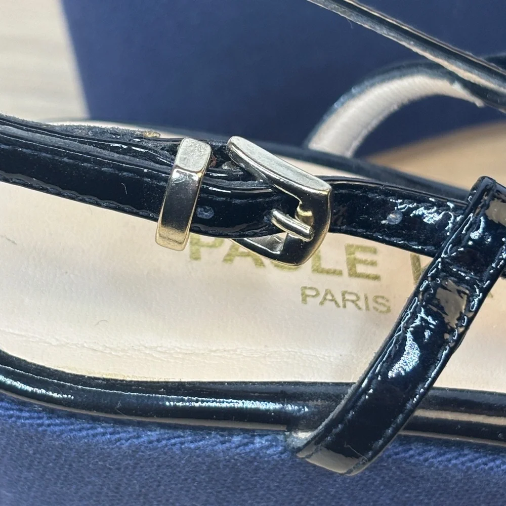 Paule Ka Women's Blue Denim Look and White With Black‎ Straps Wedge Sandals